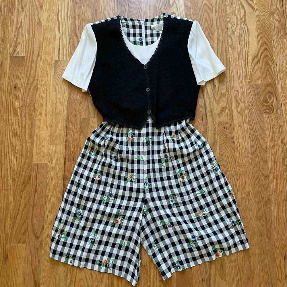Vtg 80’s Black & White Floral Check Women’s One-Piece Romper by Allison-Che Sz 8